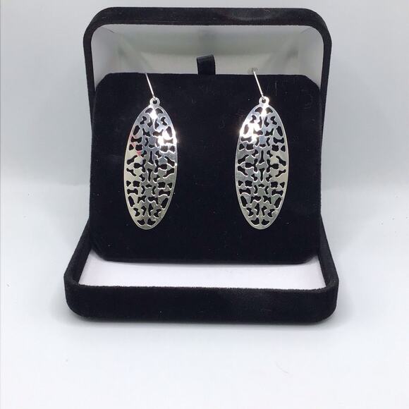 Sterling Silver Oval Cutout Dangle Earrings Hook 5.3g Modern Abstract Design - Picture 10 of 15